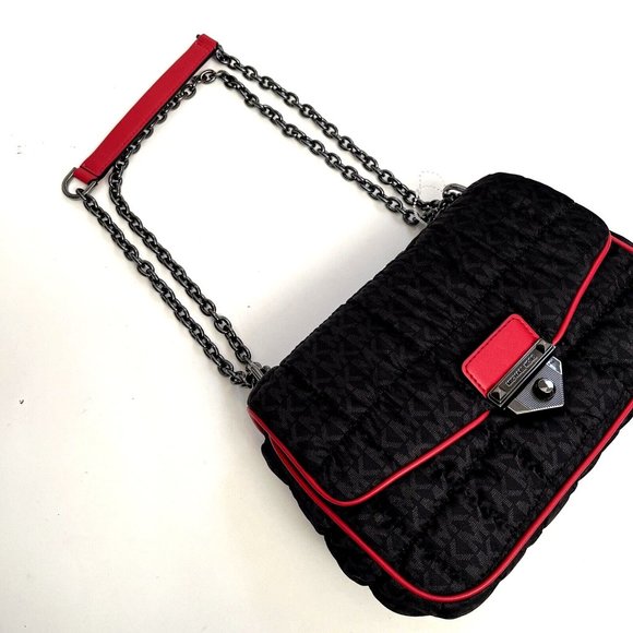 NWT Michael Kors SOHO Quilted Nylon Shoulder Bag Crossbody Black Red Trim $400 - Picture 6 of 13